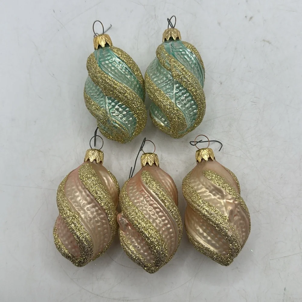 Vtg W Germany Gold Blue Glitter Christmas Glass Ornament Set 5 Collectible Swirl